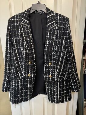 Express Black & White Plaid Tweed Double-Breasted Blazer with Gold Buttons